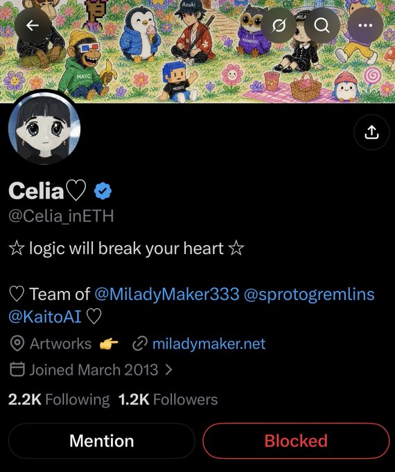 The image shows a Twitter/X profile for "Celia" (@Celia_inETH) with a blocked status button visible. The profile, which has 2.2K Following and 1.2K Followers, belongs to the Milady Maker team, and the screenshot is being used to demonstrate the account blocking @Yara_inETH as part of the community member's campaign to call out the fourth username change.
