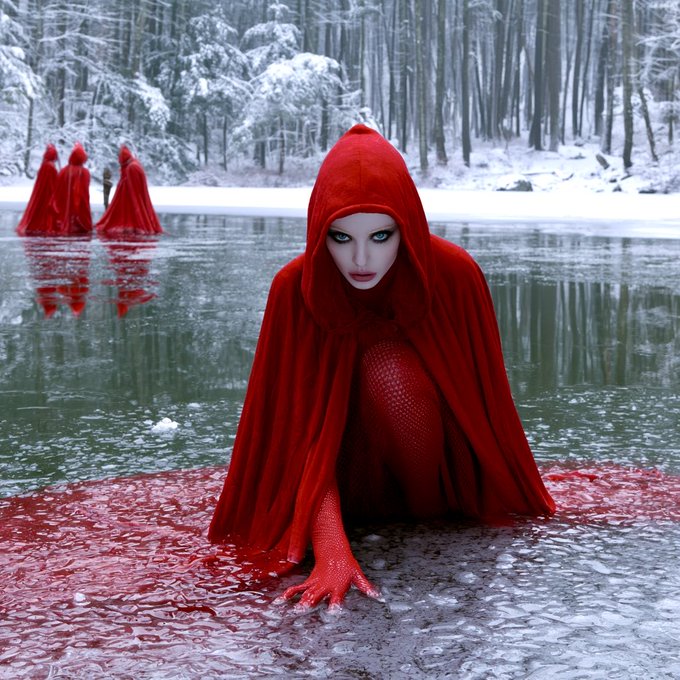 A crimson-cloaked, pale-skinned figure kneels in a frozen winter pond, surrounded by mistletoe and barren trees, while three hooded figures stand in the icy background. The image's striking red tones and ritualistic, otherworldly atmosphere directly evoke the unsettling, occult-like aesthetic called for by "QT your Ritual."