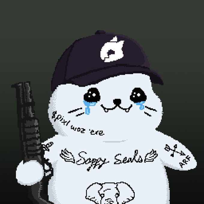 A pixel art drawing of a crying seal wearing a dark baseball cap with a logo, holding a gun, and bearing tattoos reading 'Soppy Seals', 'ars', and 'ars, son i was'.