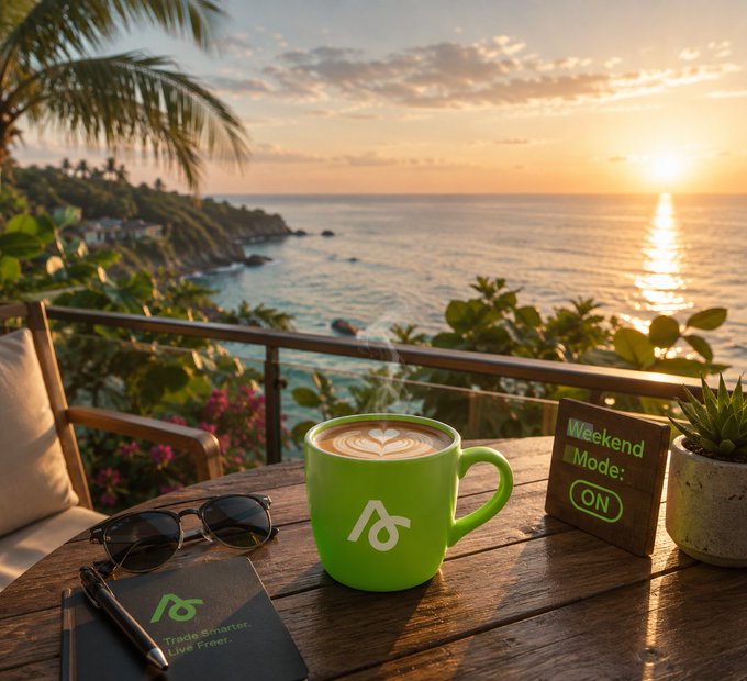 A scenic ocean view at sunset features a wooden table with a green 'NS' branded mug, sunglasses, and a small chalkboard sign reading 'Weekend Mode: ON'.