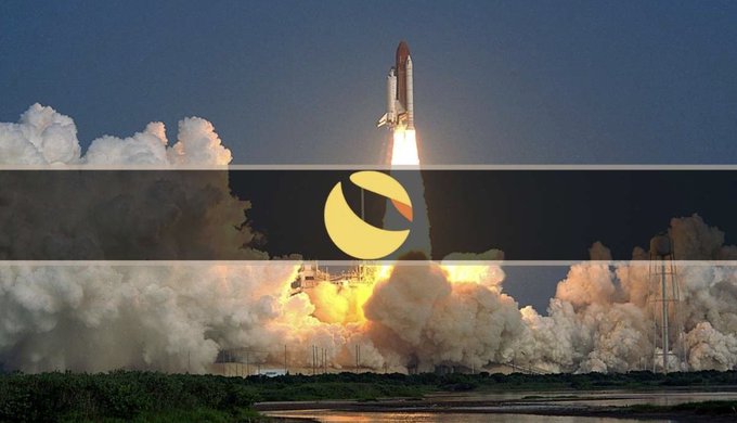 A space shuttle launching with bright flames and billowing smoke, overlaid with a yellow crescent moon logo on black horizontal stripes.