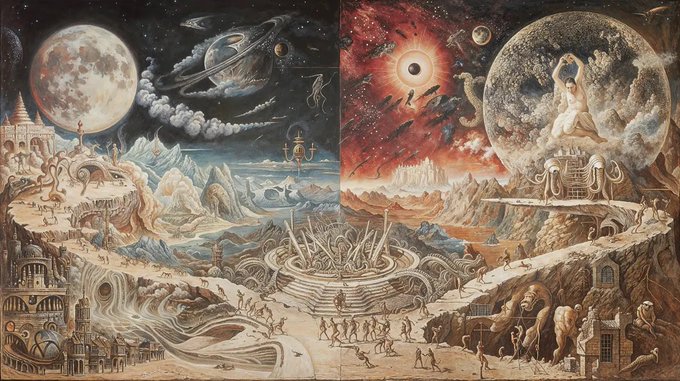A detailed fantasy artwork depicting a cosmic battle between celestial bodies, with landscapes, mythical creatures, and a giant face emerging from a planet.