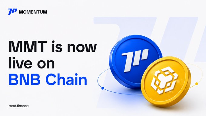 The image is a promotional graphic announcing that the MMT (Momentum) token, developed on the Sui blockchain, is now live on the BNB (formerly Binance Smart) Chain, featuring Momentum's logo alongside the BNB coin emblem and the URL mmt.finance. It visually reinforces the post's announcement of completed Binance integration with deposits and withdrawals now open.