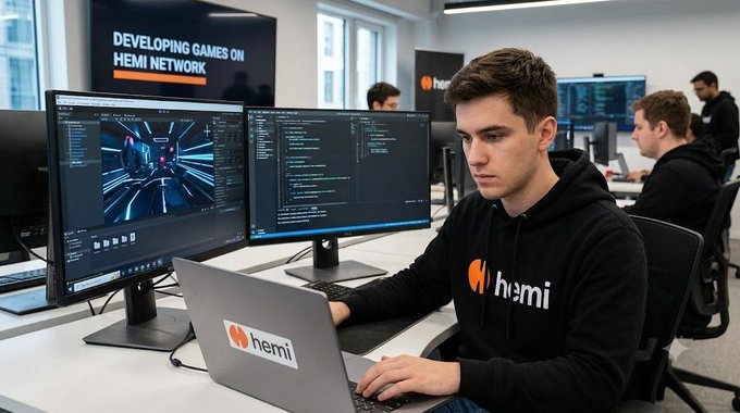 A developer wearing a "hemi" hoodie works on a laptop displaying the Hemi logo, with dual monitors showing code and graphics, while a screen in the background reads "DEVELOPING GAMES ON HEMI NETWORK" — visually reinforcing the post's call for builders to enter the Hemi Arcade Game Contest and compete for a share of 30,000 $HEMI.