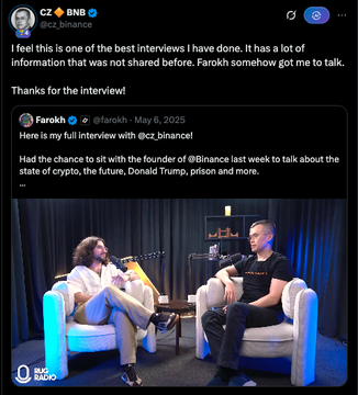 A social media post by CZ (cz_binance) sharing an interview with Farokh about the state of crypto, Donald Trump, prison, and more, featuring a video thumbnail of two men seated in chairs.