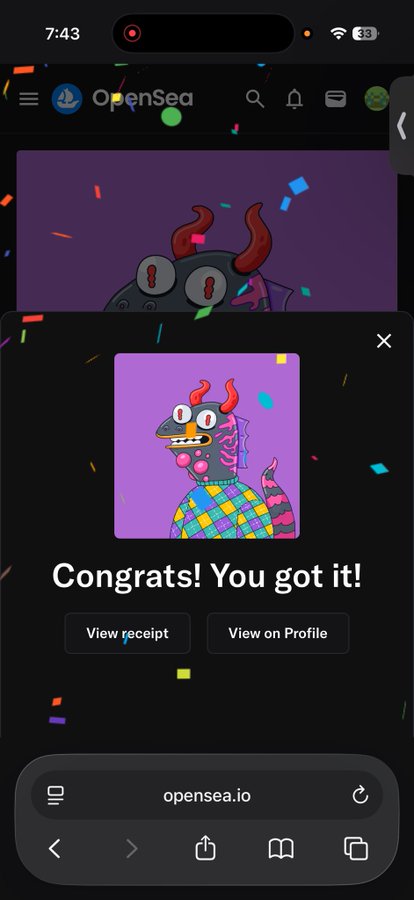 An OpenSea mobile app screen displays "Congrats! You got it!" over a purple cartoon NFT of a creature with red horns.