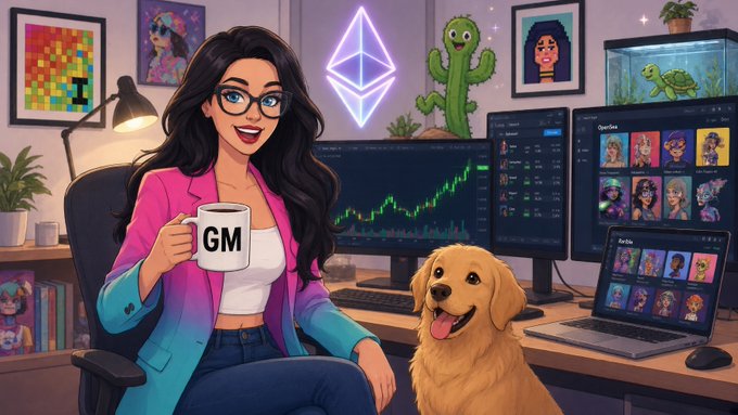 An illustrated cartoon of a woman with glasses holding a mug labeled 'GM', sitting in a tech-themed room with an Ethereum logo, a cactus, a golden retriever, and multiple screens showing trading charts and NFT avatars.