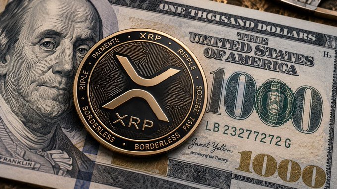 A physical XRP cryptocurrency coin rests atop a U.S. $1,000 bill featuring Benjamin Franklin, with visible text including "THE UNITED STATES OF AMERICA," "ONE THOUSAND DOLLARS," "1000," "FRANKLIN," "LB 23277272 G," and "Janet Yellen, Secretary of the Treasury," alongside the coin's inscriptions "RIPLE," "PAYMENTS," "XRP," and "BORDERLESS," visually illustrating the post's speculation about XRP's potential $1,000 price target as a global payments bridge asset.