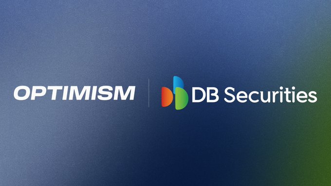 The image displays the Optimism logo alongside the DB Securities logo on a blue gradient background, representing their partnership. This visual accompanies news of DB Securities collaborating with Optimism to tokenize real-world assets onchain in Korea's typically permissioned securities market.