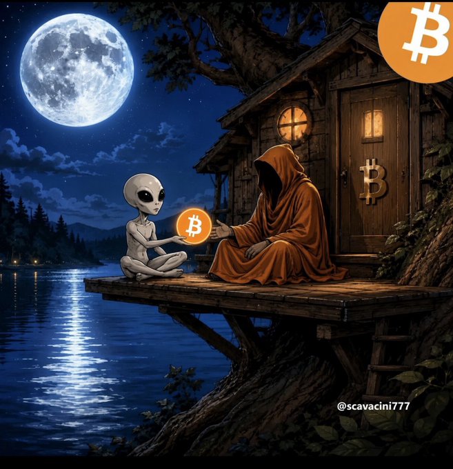 An AI-generated illustration showing an alien and a cloaked hooded figure exchanging a Bitcoin coin on a dock at night under a full moon, with the handle @scavacini777.