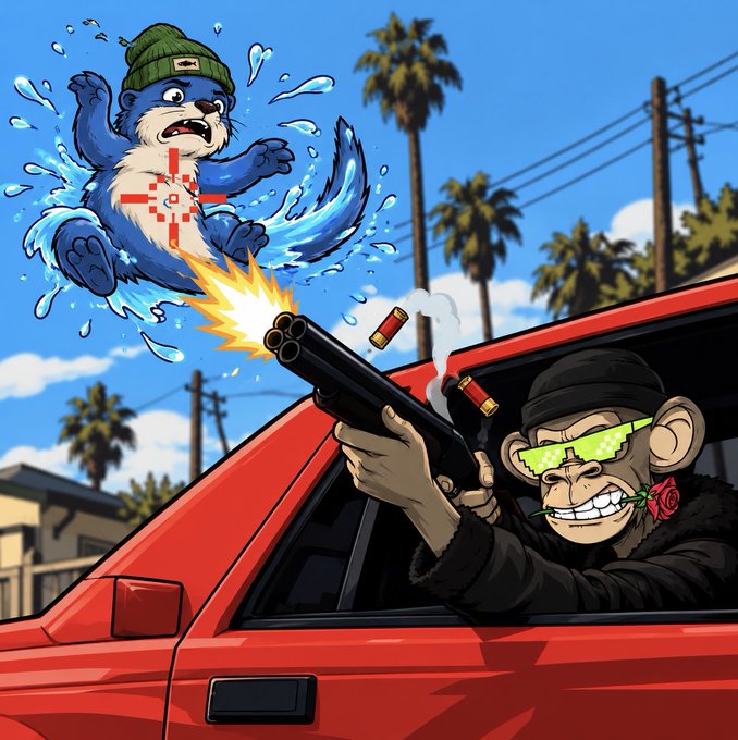 A cartoon illustration of a monkey wearing green pixelated sunglasses shooting a shotgun out of a red car window at a flying otter wearing a green beanie.