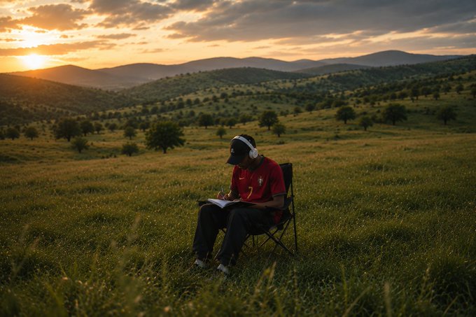 A person wearing a red Portugal soccer jersey and white headphones sits in a folding chair in a grassy field, writing in a notebook during a scenic sunset.