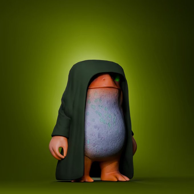 A 3D-rendered cartoon character with an orange body, wearing a dark green hooded cloak over a light blue textured belly, posed against an olive green backdrop.