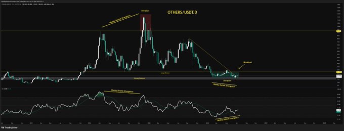 A dark-themed TradingView chart titled 'OTHERS/USD' showing a candlestick pattern labeled 'Inverse Head & Shoulders' with a highlighted red 'Shoulder' zone at the top, along with RSI and Wave Trend indicators below.