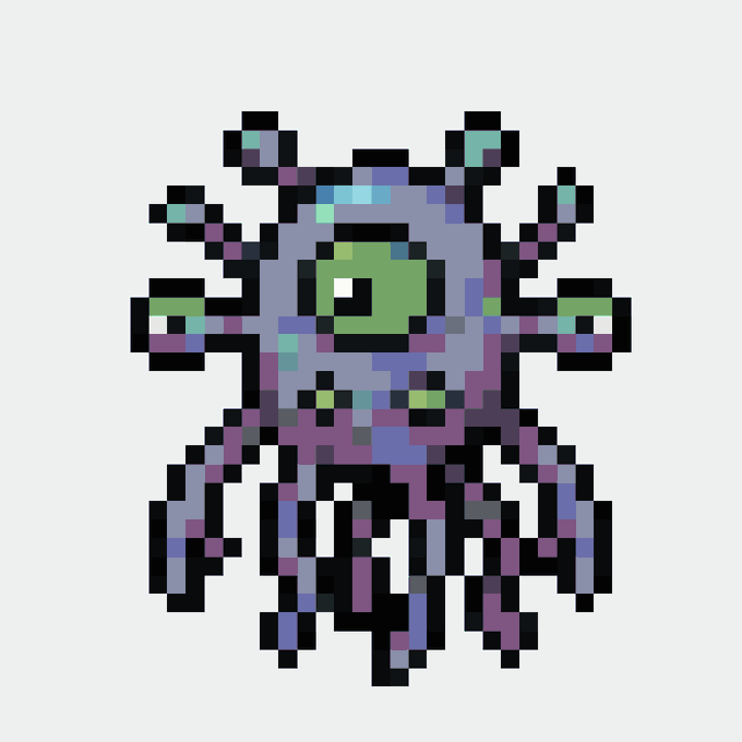 A pixel art sprite of a purple and black multi-legged creature with a central green eye, set against a plain white background.