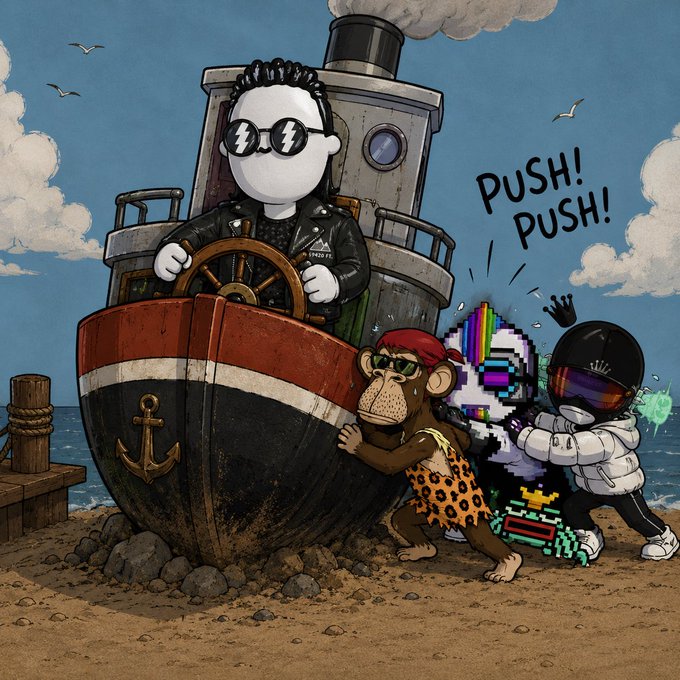 An illustration of NFT characters—a lightning-glasses figure steering a ship, a monkey with a Bored Ape cap, a rainbow glitch character, and a helmeted astronaut pushing—while a monkey in a leopard print outfit shouts 'PUSH! PUSH!'.