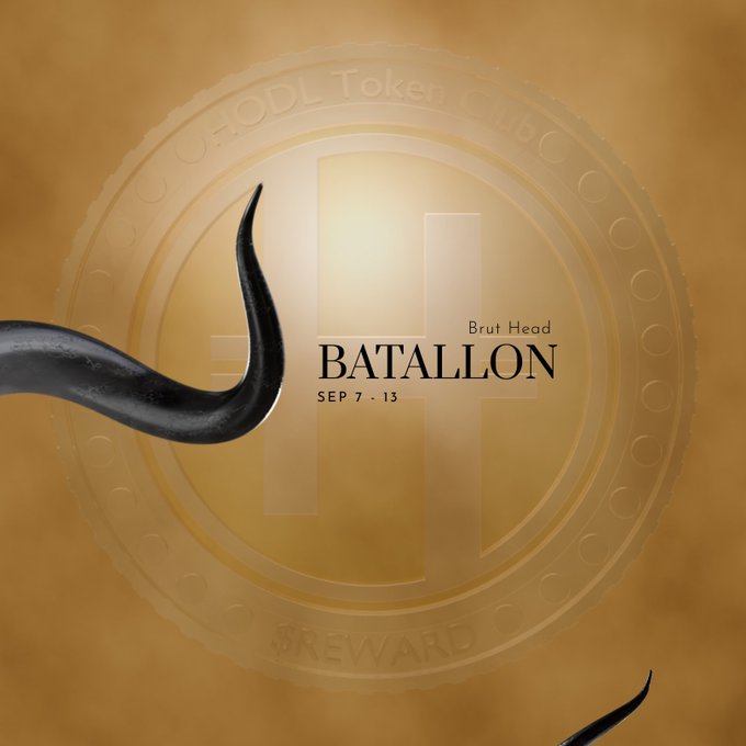 A golden coin graphic featuring 'HODL Token Club' and '$REWARD' around its edge, with 'Brut Head BATALLON' text in the center and dark tendrils curling around it.