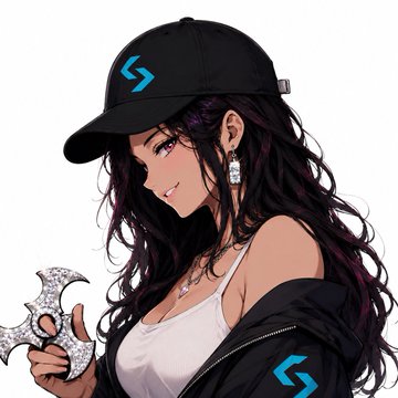 Anime-style illustration of a girl with long dark hair wearing a black cap with a blue logo, holding a spiked weapon.