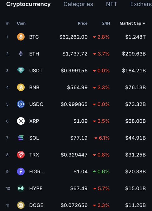 A cryptocurrency market cap table showing coins including BTC ($62,262.00, $1.248T), ETH ($1,737.72, $209.63B), USDT, BNB, USDC, XRP, SOL, TRX, FIGR..., HYPE, and DOGE, with most showing red 24H declines.