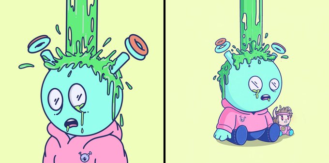 A cartoon character with a green head being splashed with green slime, shown in two panels where the right panel includes a smaller crowned figure beside it.