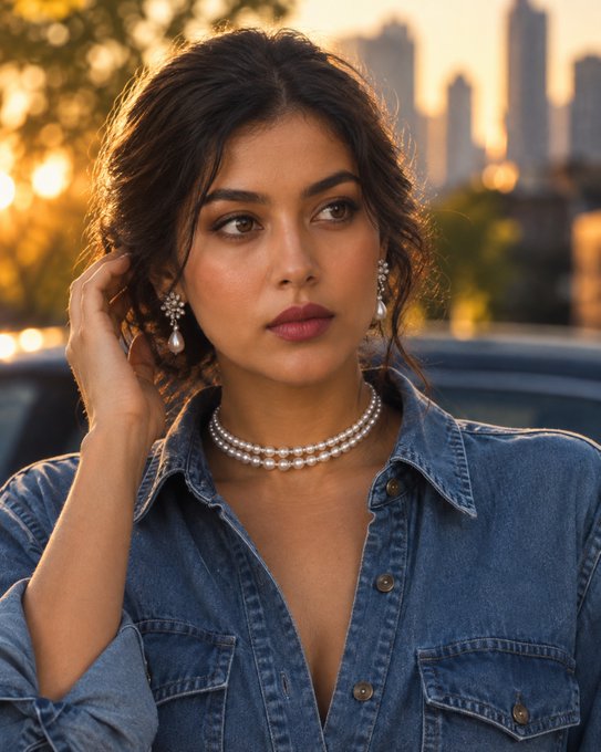 A young woman with dark hair poses outdoors at sunset with a city skyline behind her, wearing a denim shirt, pearl necklace, and ornate earrings.