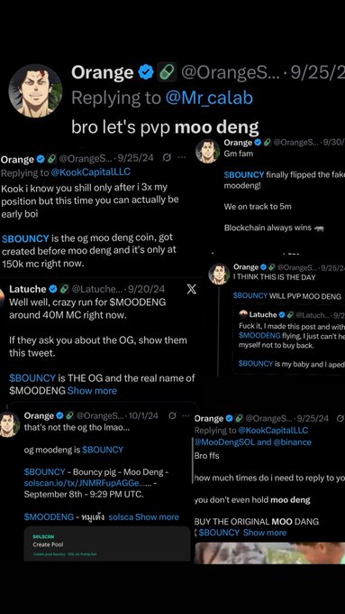 The image shows a series of X (formerly Twitter) posts from "Orange" (@OrangeS...) dated September-October 2024, featuring a cartoon avatar and text claiming to challenge Mr_calab to "pvp moo deng." The posts repeatedly assert that "$BOUNCY" is the original "moo deng" coin and contains links to solscan.io, with Latuck_ also commenting that "$SMOODENG is the OG." This relates to the accompanying post by highlighting how affiliates of "tigrino" attempted to promote "moodeng" as the original project, despite Orange's ongoing insistence that "$BOUNCY" is the true original, referring to "moodeng" simply as "bouncy."