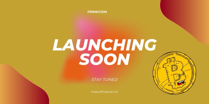 A promotional graphic with a yellow and orange gradient background announcing "FRINKCOIN" as "LAUNCHING SOON — STAY TUNED" with the URL "https://frinkcoin.in/" and featuring a gold coin illustration of The Simpsons' Frank Grimes character styled like Bitcoin, tying directly to the accompanying post's announcement of the Frinkcoin ($frink) crypto launch on BNBChain.