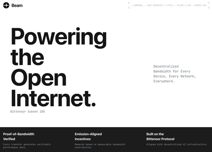 The image is a promotional graphic for "Beam" featuring the headline "Powering the Open Internet." with a subtitle "Bittensor Subnet 105" and the tagline "Decentralized Bandwidth for Every Device, Every Network, Everywhere." It also displays a loading indicator showing "LOADING... ASGN BANDWIDTH 1.12TB/S - VOLUME 4.6PB - MINERS 800" along with three feature points: "Proof-of-Bandwidth Verified," "Emission-Aligned Incentives," and "Built on the Bittensor Protocol."

The caption connects directly to the post by highlighting the 1.12TB bandwidth figure shown in the loading bar, visually reinforcing Beam's role in moving data at scale across Bittensor's decentralized infrastructure.