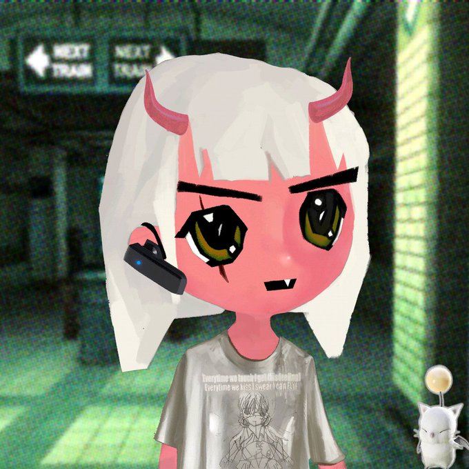 3D rendered chibi-style anime character with pink skin, white hair, small red horns, a fang, and a Bluetooth earpiece, wearing a t-shirt that reads 'Everytime we kiss i swear i can fly / Everytime we kiss i swear i can fly', standing in a dimly lit corridor with a small white creature nearby.