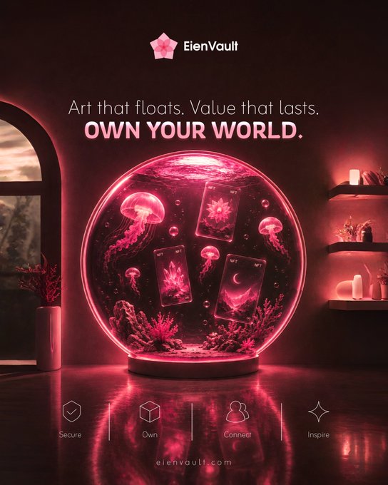 The image features a large, glowing pink glass ball with four jellyfish inside of it. The background shows an empty room with a window that allows natural light into the space. The text above the image reads "Art that floats, Value that loses. Own your world." This suggests that the image is promoting digital art and collectibles as a way to own and appreciate unique pieces from artists around the world.
