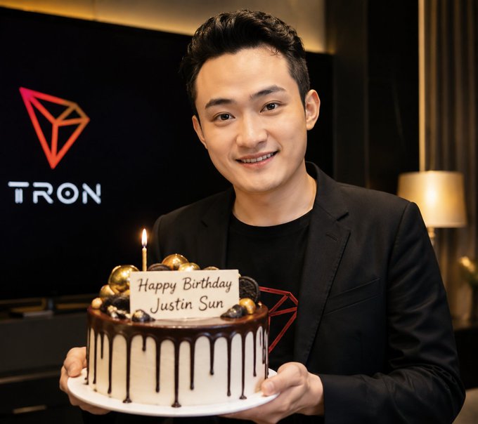 Justin Sun holding a birthday cake with 'Happy Birthday Justin Sun' written on it, with a TRON logo visible on the screen behind him.