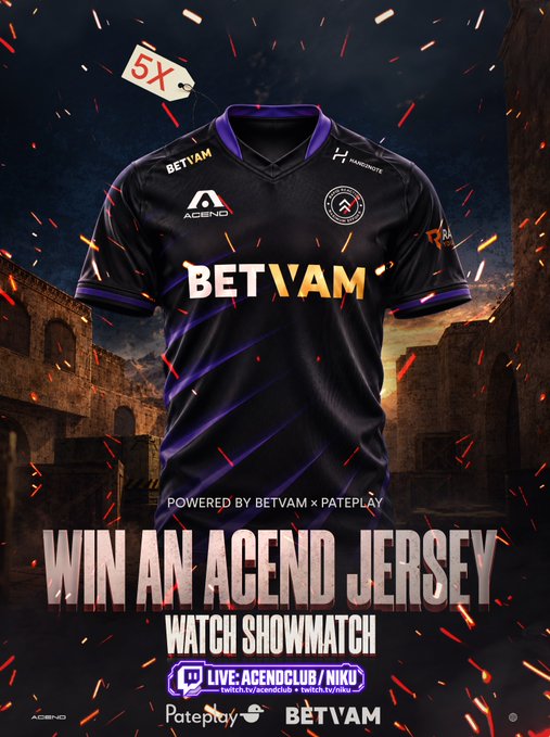 A promotional graphic featuring a black and purple BETVAM esports jersey, with text reading "WIN AN ACEND JERSEY WATCH SHOWMATCH" and "POWERED BY BETVAM x PATEPLAY," along with a 5X tag.