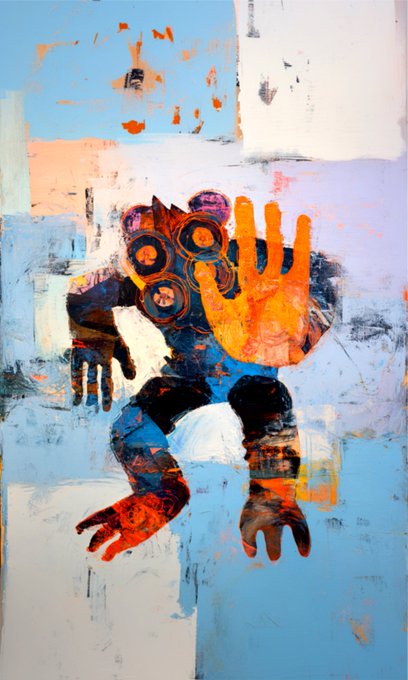 Colorful abstract painting of a figure with orange and blue tones featuring a prominent outstretched orange hand against a distressed pastel background.