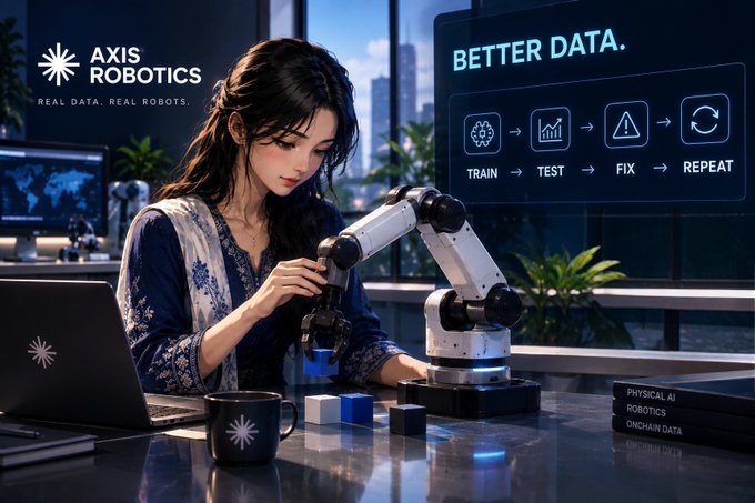 A digital illustration of a woman working with a white robotic arm on a blue block, featuring 'AXIS ROBOTICS - REAL DATA. REAL ROBOTICS.' branding and a 'BETTER DATA.' graphic showing TRAIN → TEST → FIX → REPEAT.