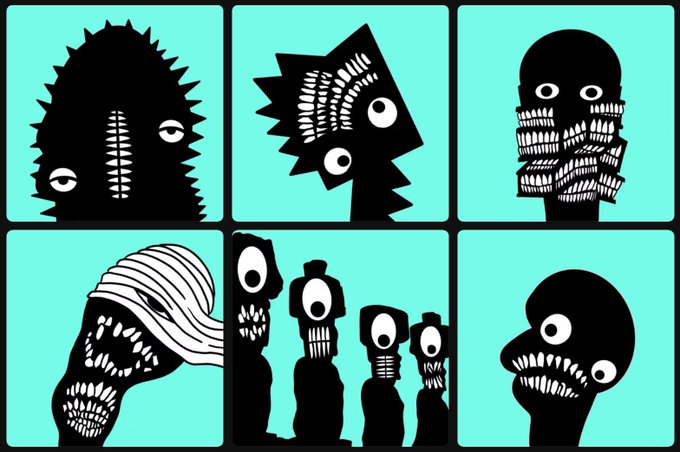 Stylized black-and-white illustrations on a teal background depicting six creepy monster faces with exaggerated teeth and eyes.
