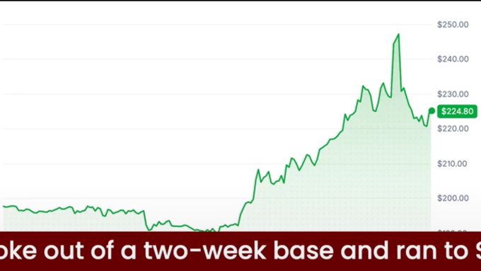 A stock chart displays $TAO's price action breaking out of a two-week base, climbing from around $190-$197 to a peak near $247, and currently trading at $224.80 after a healthy pullback. The green line graph illustrates the strong upward momentum and consolidation pattern referenced in the post, visually confirming the breakout narrative tied to AI sector momentum.