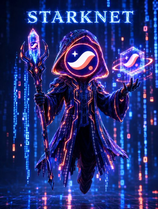 Digital fantasy artwork with 'STARKNET' text at the top, depicting a hooded cyberpunk wizard with a glowing staff and floating Starknet logo symbols in a digital matrix environment.