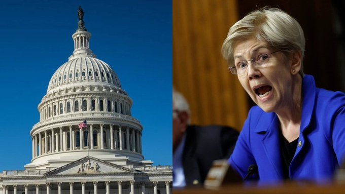 Split image showing the U.S. Capitol dome on the left and Senator Elizabeth Warren speaking animatedly during a hearing on the right. The image accompanies a post about Warren's recent statements suggesting openness to crypto legislation and the potential $30 trillion impact on the crypto market, with the Capitol symbolizing the legislative action she is influencing.