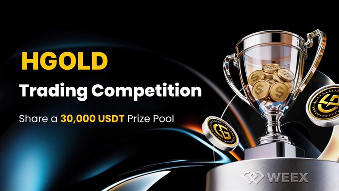 The image is a promotional banner for a WEEX trading competition featuring a silver trophy filled with gold coins alongside HGOLD-branded tokens, with text reading "HGOLD Trading Competition – Share a 30,000 USDT Prize Pool." It visually reinforces the post's announcement of a fee-free HGOLD trading event offering USDT rewards and bonuses to participants.