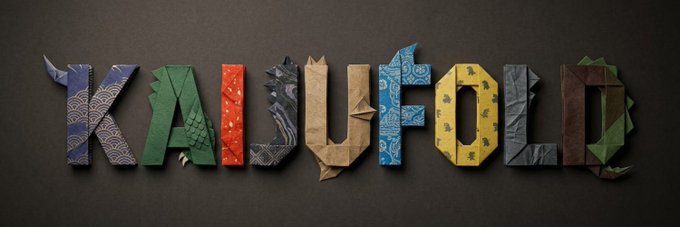 A 3D typographic art piece spelling "KAIUFOLD" where each letter is designed with unique textures and colors like fabric patterns and origami folds against a dark background.