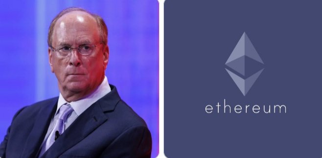 The image is a split graphic showing Larry Fink, CEO of BlackRock, on the left, alongside the Ethereum logo and "ethereum" text on the right—visually connecting BlackRock's institutional investment activity to the $ETH ticker mentioned in the post about clients purchasing $130.22M worth of Ethereum.