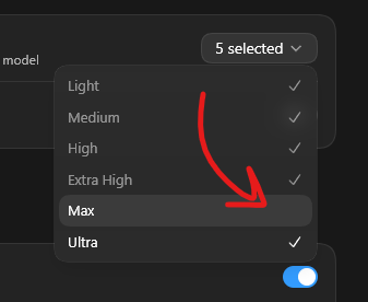 A dark-themed settings menu displays quality mode options (Light, Medium, High, Extra High, Max, Ultra) with a red arrow pointing to "Max," illustrating the tutorial's instruction to enable Max mode to unlock Luna's best model.