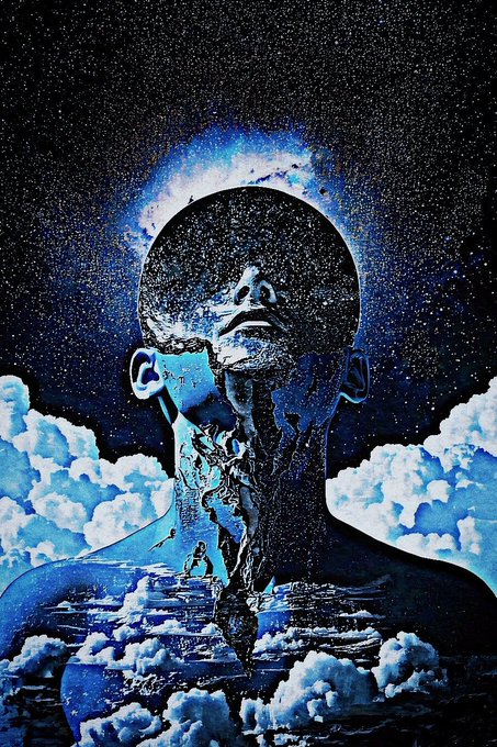 A surreal artwork depicting a human figure whose head is open to the cosmos, revealing a starry night sky instead of a brain, set against a backdrop of clouds.