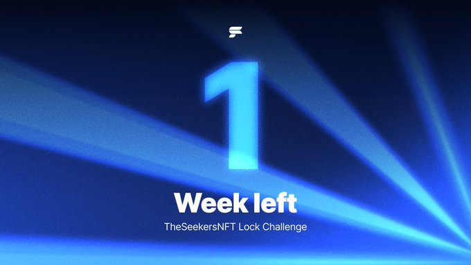 A blue graphic displaying a large glowing number '1' with the text 'Week left' and 'TheSeekersNFT Lock Challenge' underneath.