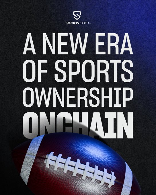 A promotional graphic for Socios.com reading 'A NEW ERA OF SPORTS OWNERSHIP ONCHAIN' with a football in the foreground.