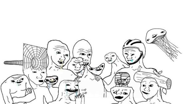 A collection of crude black-and-white 'Wojak' and meme-style doodle characters drawn together on a white background.