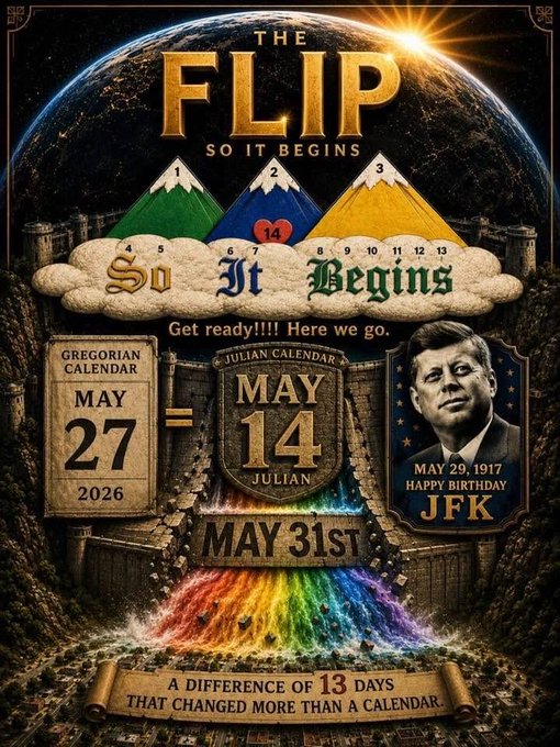 The image features a poster with a large globe at its center, surrounded by mountains and clouds. The poster has a title that reads "The Flip" and includes a photo of a man's face. The text on the poster states that "So It Begins", which is related to Bitcoin. There are also three different colored flags in the image: blue, green, and yellow. The post mentions that there is a 13-day difference between the calendar and the actual date, and it suggests that this change has occurred more than once.