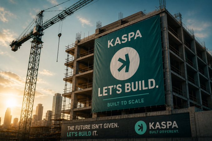 An AI-generated construction site features a building with a large teal KASPA banner reading 'LET'S BUILD. BUILT TO SCALE' alongside slogans 'THE FUTURE ISN'T GIVEN. LET'S BUILD IT.' and 'KASPA BUILT DIFFERENT.'