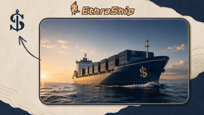 An advertisement for EthraShip showing a large blue cargo ship with a dollar sign anchor logo, sailing on the ocean at sunset.