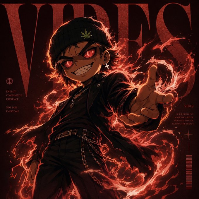 Anime-style digital art poster with bold red "VIBES" text, showing a character with red glowing eyes, a beanie with a leaf emblem, and fiery energy around them, with text reading "ENERGY CONFIDENCE PRESENCE NOT FOR EVERYONE" and "VIBES BUILT DIFFERENT MADE ON PURPOSE MOVING IN SILENCE LEADING THE ENERGY."
